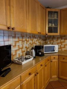 a kitchen with wooden cabinets and a counter with a microwave at Appartamento di Nina in Moena