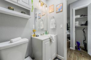 カンザスシティにあるMid century APT, KING bed + deskの洗面台とトイレを備えた白いバスルーム +30枚の写真