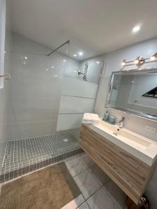a bathroom with a sink and a shower with a mirror at Newly renovated studio in Simpson Bay