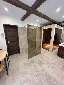Łazienka z prysznicem i drewnianymi drzwiami w obiekcie Pataky Apartmanok w mieście Veszprém