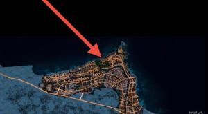 a red arrow pointing to a city in the water at فندق ريزورت اند سيا العالمين in El Alamein