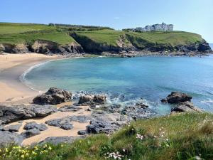 a view of a beach with a castle in the background at The Mounts Bay Inn in Mullion