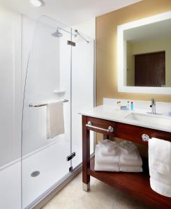 セント・クレアーズビルにあるHawthorn Extended Stay by Wyndham Saint Clairsvilleのシャワーと洗面台付きのバスルーム