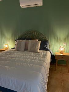 a bedroom with a white bed with two lamps on tables at Villa Atlantic Breeze in Antigua +26 photos