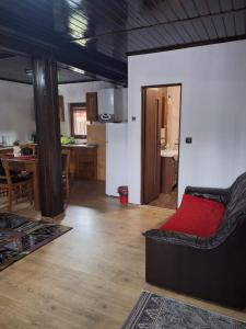 a living room with a couch and a kitchen at Suzanne Băile Figa- camere hotel in Beclean