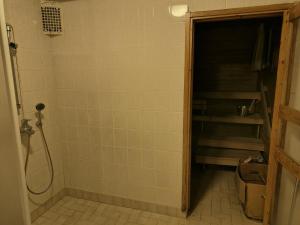 a bathroom with a shower with a door open at Kaksio maaseudun rauhassa in Välijoki