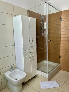 a bathroom with a shower and a toilet and a sink at Clabucet View Apartment in Predeal +12 photos