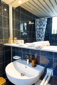 a bathroom with a sink and a mirror at Theros, garden and sea in Mesimvría +22 photos