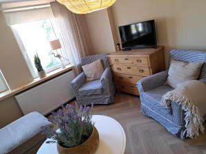 a living room with two chairs and a tv at Ferienwohnung auf dem Mühlenhof in Glinstedt