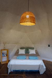 a bed in a room with a light and a lamp at DOMOS GLAMPING Agreste Bahía Rosales in Parque Nacional Los Alerces