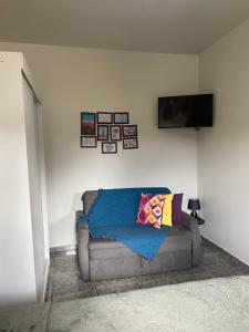 a living room with a couch and a television on a wall at Apartamento cachoeira in Florianópolis