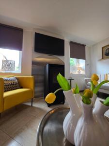a living room with a couch and a fire place at Boerderijwoning in Maastricht