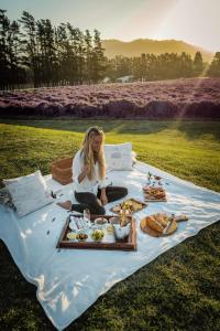 フランシュホークにあるLavender Farm Boutique Guest Houseの食べ物を乗せたピクニックブランケットの上に座っている女性