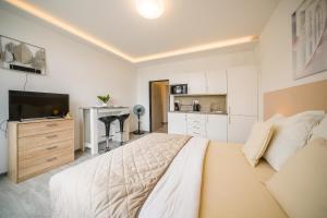 a bedroom with a large bed and a kitchen at APARTIA Skořepka 15, Brno-center in Brno