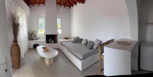 a living room with a couch and a fireplace at Nafsika Residences ex Petra Mare Village in Kerveli +59 photos