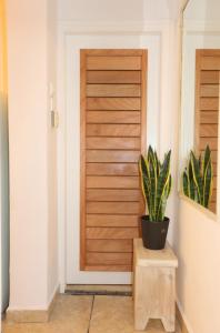 a wooden door with a potted plant on a stool at Terra Olivae Syros in Ermoupoli