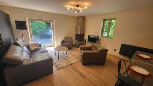 un soggiorno con due divani e una TV di Le Rustique a Thonon-les-Bains