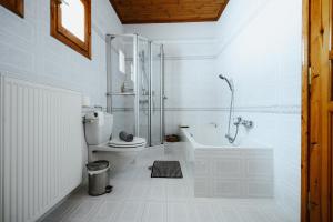 un bagno bianco con doccia e WC di Panoramic View Villa a Stagiates