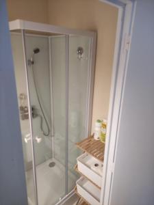 a bathroom with a shower with a glass shower stall at Villa Lumière in La Bourboule
