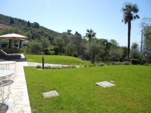 a lawn with a table and chairs and a palm tree at Albergo Blueline in Tellaro