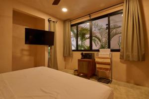 a bedroom with a bed and a tv and a window at Pan Beach in Brisas de Zicatela