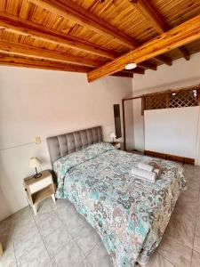 a bedroom with a bed and a wooden ceiling at complejo 25 de mayo in Guaymallen
