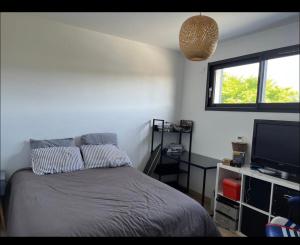 a bedroom with a bed and a flat screen tv at Loue étage in Saint Pavace