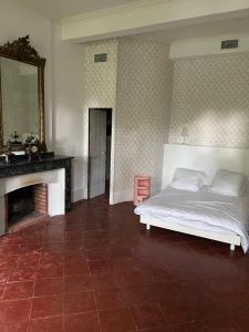 une chambre avec un lit, une cheminée et un miroir dans l'établissement Maison de maître de 700 m2 en plein cœur de Castelnaudary, à La Celle-sous-Gouzon