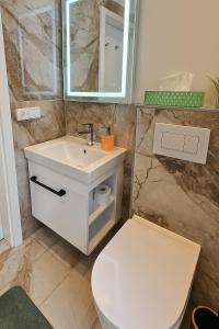 un bagno con lavandino, WC e specchio di Dimi Living Oberhausen & mit Küche a Oberhausen Altre 23 foto