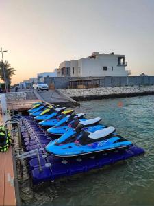 a row of blue kayaks are lined up in the water at شاليه موج البحري بمسبح وشاطئ خاص in Half Moon Bay