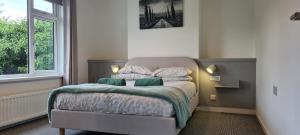 ein Schlafzimmer mit einem Bett mit zwei grünen Kissen in der Unterkunft Mourne Hikers' Cottage in Newcastle