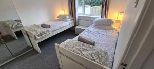 zwei Einzelbetten in einem Zimmer mit Fenster in der Unterkunft Mourne Hikers' Cottage in Newcastle