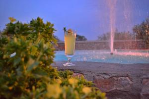 a drink in a glass sitting next to a pool at VILLA IN THE OLIVE TREES Galaxidi in Galaxidi