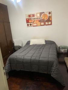 a bedroom with a bed with a gray comforter at Cabaña el ojo de Horus el chalten santa cruz in El Chalten