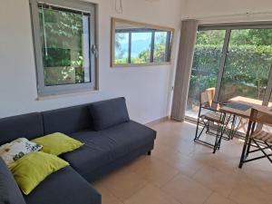 un salon avec un canapé bleu et une table dans l'établissement Acacia Hill olive tree apartment, à Herceg-Novi