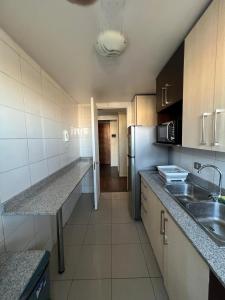 eine Küche mit Spüle und Kühlschrank in der Unterkunft Depto familiar en Barrio Italia - 1100 LB in Santiago