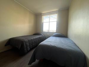 ein Schlafzimmer mit zwei Betten und einem Fenster in der Unterkunft Depto familiar en Barrio Italia - 1100 LB in Santiago