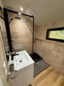 a bathroom with a sink and a shower at Le Chalet belle Vue in Saint-Martin-de-la-Lieue +30 photos