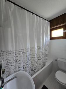 a bathroom with a toilet and a shower curtain at Charmant petit appartement in Ovronnaz +27 photos