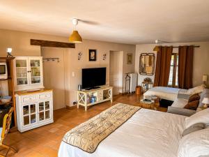a bedroom with a bed and a living room at Le nid douillet de la voie verte in Abilly-Sur-Claise