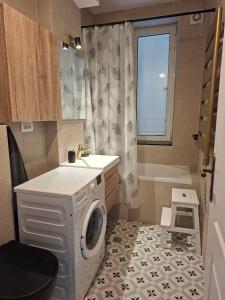 une salle de bains avec lave-linge et lavabo dans l'établissement Boka view Heritage Apartment, à Herceg-Novi