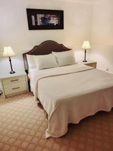 a bedroom with a large white bed with two lamps at Excellence vacation home in St. John's