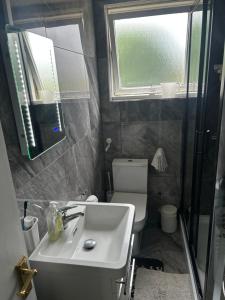 a bathroom with a sink and a toilet and a window at Cosy Room in Flat - Central Location in London