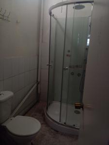 un bagno con wc e doccia in vetro di Hostal Palmera a Rancagua Altre 2 foto