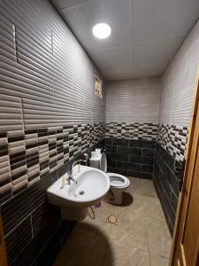 a bathroom with a sink and a toilet at Wadi rum camp hamod in Wadi Rum