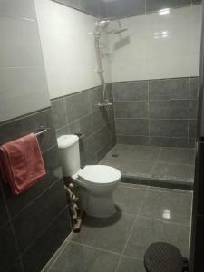 a bathroom with a toilet and a shower at PYRAMIDS Villa T Medetion Camping in Banī Ghālib