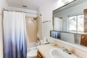 a bathroom with a sink and a toilet and a mirror at 4 Mi to Beach Lake Tahoe Mountain Retreat! in Stateline +19 photos