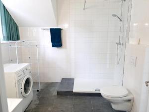 a bathroom with a washing machine and a toilet at Les Bruyeres in De Haan