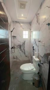 a bathroom with a toilet and a marble wall at استديو فاخر in Jeddah +14 photos