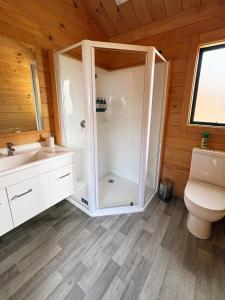 un bagno con doccia, WC e lavandino di Kingston TOP 10 Holiday Park a Kingston Altre 37 foto